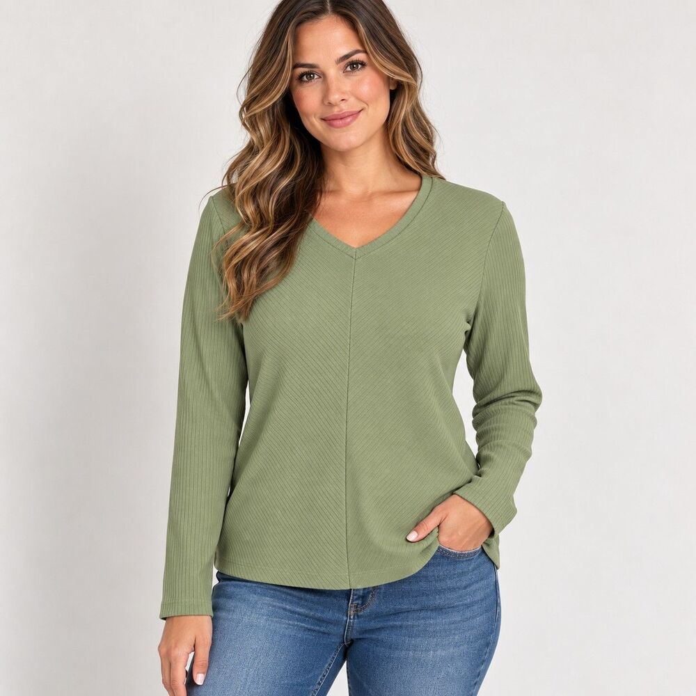 Kenneth Cole New York Womens XL Sage Green Ribbed V Neck Long Sleeve Top
